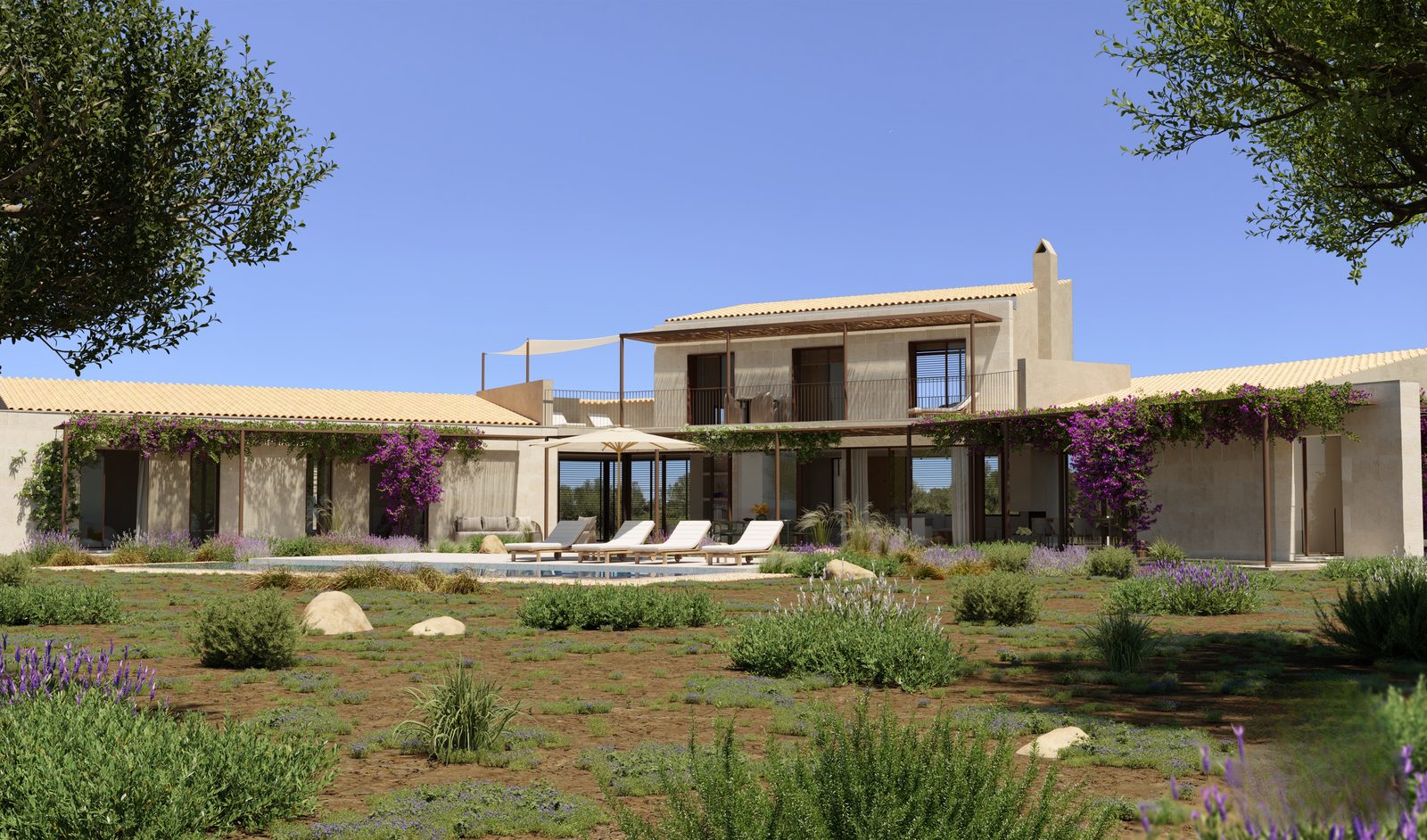 Visualisierung der Finca Son Gorem III mit Salz-Infinitypool und mediterranem Garten